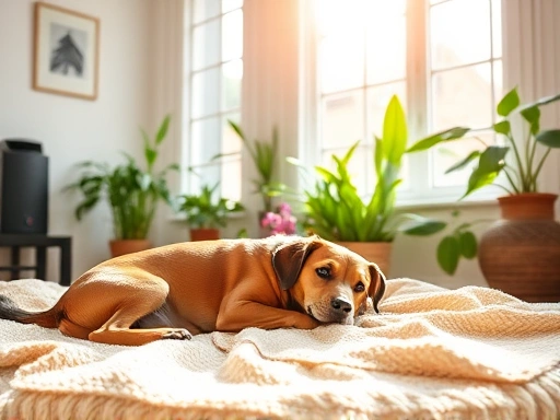 A cozy living room with a dog lying on a soft blanket, sunlight streaming through the window, and green plants in the background, air purifier