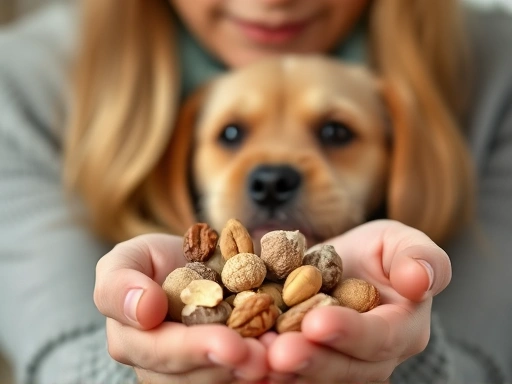 A concerned pet owner carefully examines a handful of nuts, questioning their safety for their beloved dog or cat.