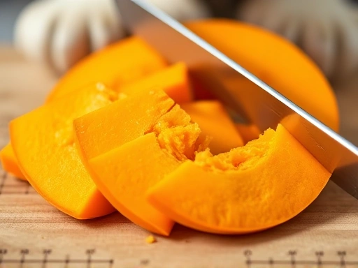 Close-up of a vibrant orange pumpkin being sliced, ready to be mixed into a pet's food for digestive health benefits.