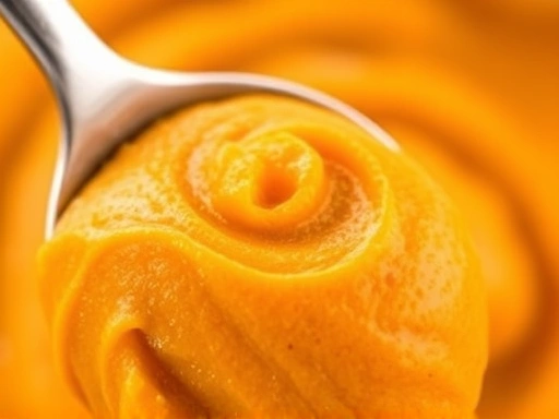 A spoonful of smooth pumpkin puree, showcasing its rich color and texture, highlighting its appeal as a healthy pet food additive.