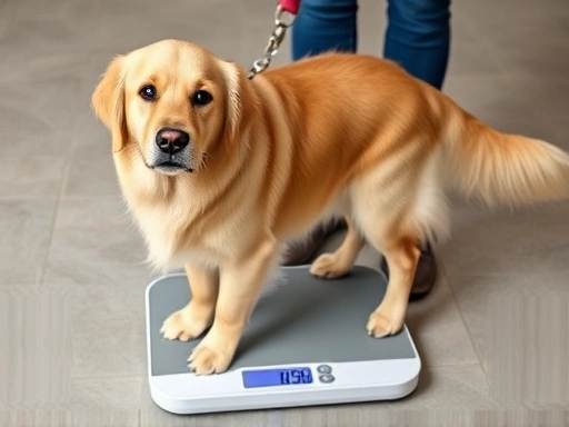 A fluffy golden retriever standing calmly on a digital pet scale, with a person gently holding its leash.