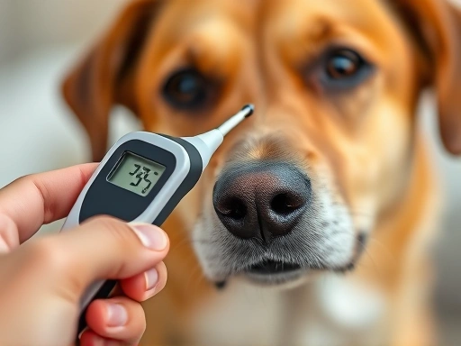 A close-up of a hand gently holding a digital thermometer to measure a dog's temperature.