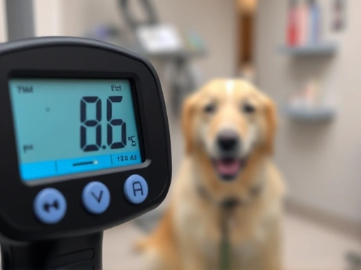 A detailed image of a digital thermometer displaying a temperature reading, with a blurred background of a veterinarian's office.
