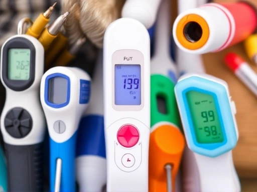 A close-up of various types of pet thermometers, including ear, rectal, and non-contact models, with a focus on their unique features.
