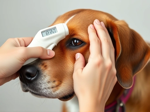 A gentle hand carefully using a non-contact thermometer on a calm dog's forehead, ensuring accurate temperature measurement without causing distress.
