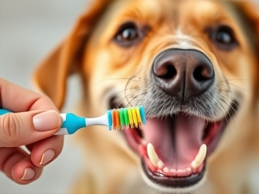 A close-up shot of a pet owner's hand holding a new, colorful toothbrush next to a happy dog's face, focusing on dental care.