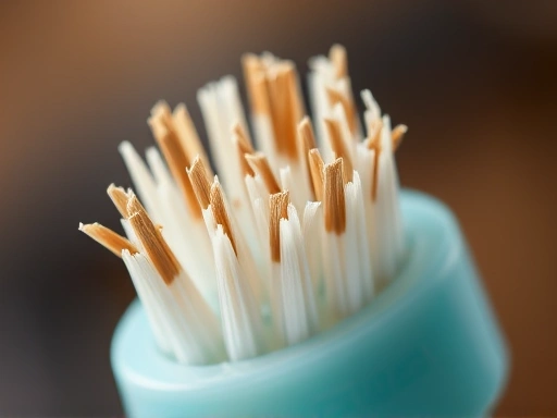 Macro shot of worn-out bristles of a pet toothbrush, emphasizing the need for regular replacement for effective dental hygiene.