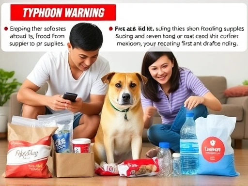 A family preparing emergency supplies for their pet during a typhoon warning, showcasing food, water, and a first aid kit.