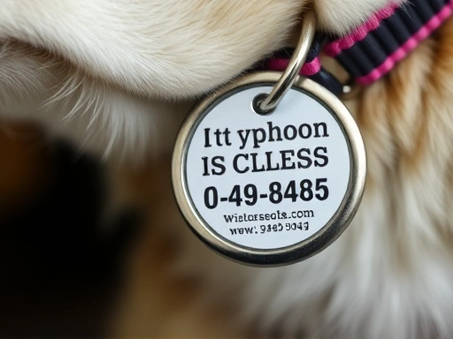 Close-up of a pet's identification tag with the owner's contact information, emphasizing the importance of pet registration during a typhoon.