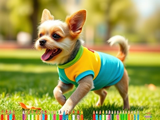 A small dog wearing a stylish UV protection shirt, happily playing in a sunny park, showcasing vibrant colors.