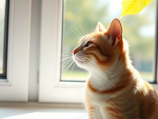 Close-up of a cat sitting on a windowsill, breathing fresh air, with sunlight highlighting the clean and airy atmosphere of the room, cat ventilation.