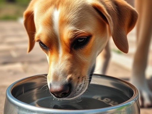 Close-up of a happy dog drinking fresh water from a stainless steel bowl on a sunny day