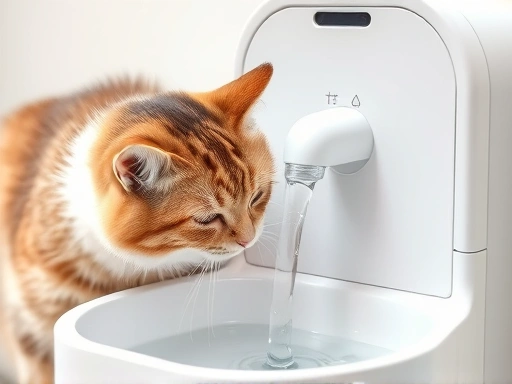A cat curiously drinking water from a modern, automatic water fountain with a clean filter