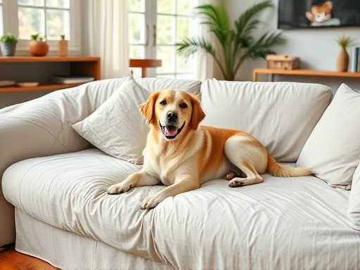 A cozy living room scene featuring a happy dog lying on a waterproof sheet-covered sofa, natural light.