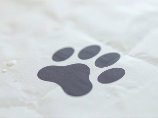 Close-up shot of a waterproof sheet with a paw print, highlighting the texture and waterproof features, soft focus.