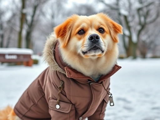 A cozy dog wearing a winter coat in a snow-covered park, SEO: 강아지 한파