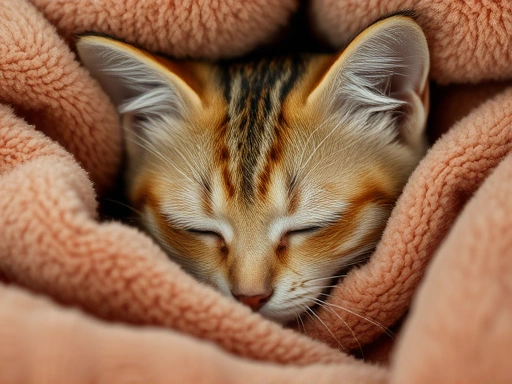 Close-up of a cat snuggled in a warm, fleece blanket, SEO: 고양이 방한