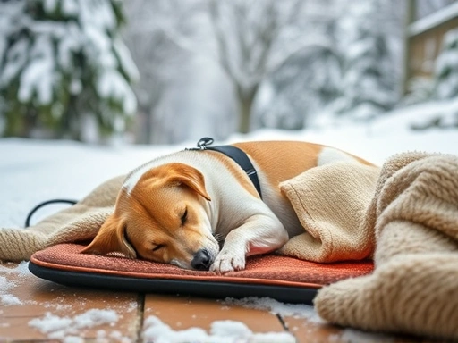 A cozy dog sleeping peacefully on a heated pet mat during a snowy winter day, surrounded by soft blankets.