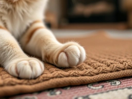 Close-up of a cat's paw gently touching a warm, safe pet heating pad with a knitted texture in a cozy home setting.