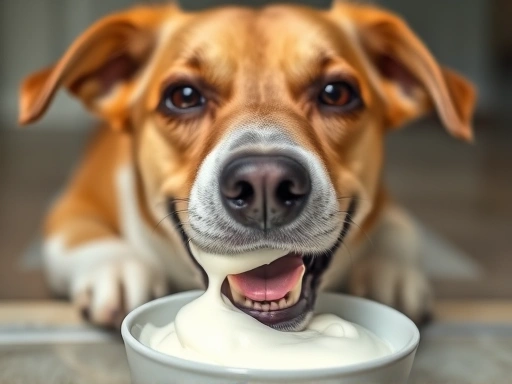 A happy dog is eating yogurt from a bowl, focusing on the dog's face and the texture of the yogurt.