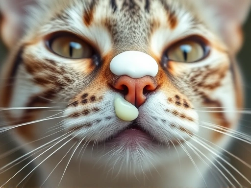 A close-up shot of a cat's face, with a small amount of yogurt on its nose, highlighting the cat's expression.