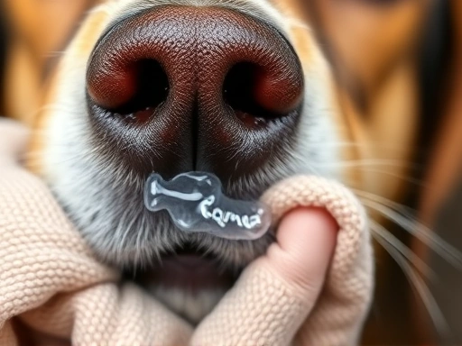 Close-up of a dog's nose with boogers, gently being cleaned with a soft, damp cloth, showcasing gentle care.