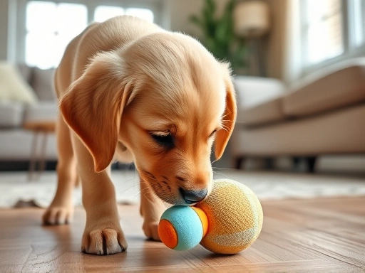 A close-up of a golden retriever puppy during socialization training, curiously sniffing a new toy in a bright living room setting.