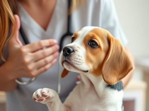 A detailed shot of a veterinarian gently interacting with a young beagle, emphasizing trust and positive reinforcement during a check-up.