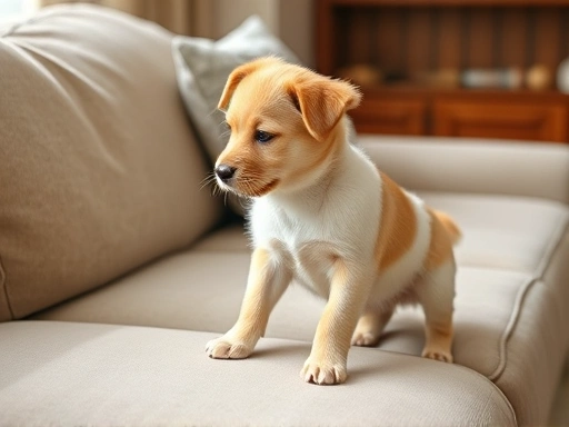 A cute puppy is learning not to jump on the sofa with positive reinforcement training.