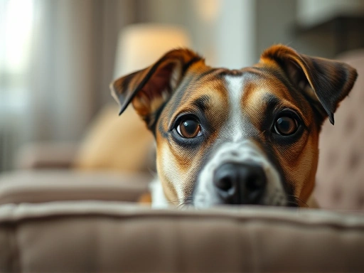 Close-up of a dog looking at the sofa with a determined expression during training.