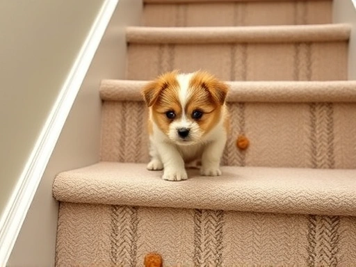 A small, frightened puppy cautiously approaches a set of stairs, with treats placed on each step as encouragement.