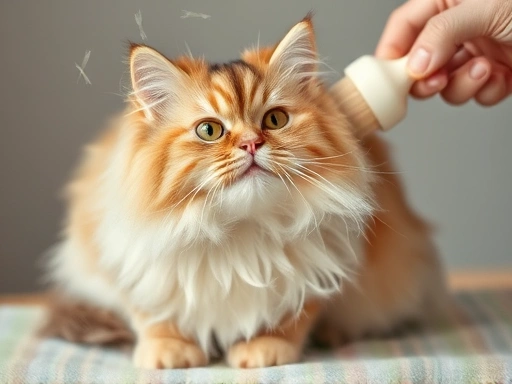 A fluffy cat is being groomed with a soft brush during spring shedding season, with loose fur flying around.