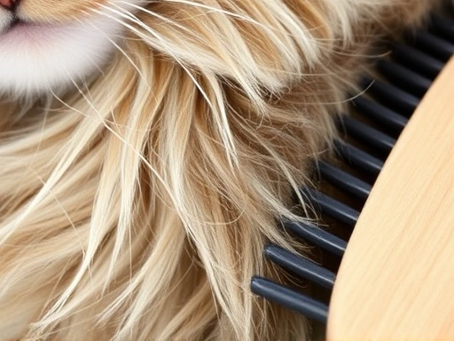 Close-up of a cat's fur showing loose hairs and a grooming brush, emphasizing the need for spring hair care.