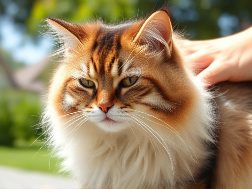 A fluffy cat enjoys a gentle grooming session outdoors on a sunny summer day, with soft fur.