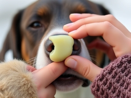 강아지 코에 코 전용 밤을 부드럽게 발라주는 핸즈온 장면