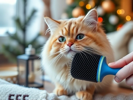 A fluffy cat getting brushed with an anti-static brush in a cozy winter setting, showcasing winter pet static electricity prevention