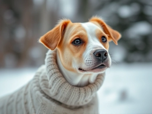 Close-up of a dog wearing a natural fiber sweater to prevent static electricity in winter