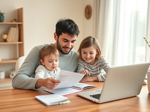 아이가 있는 젊은 부부가 탁자에서 가계부와 노트북을 보며 육아 예산 관리에 대해 이야기하고 있는 모습