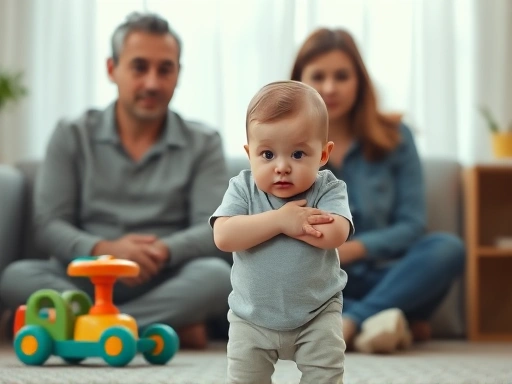 아기가 장난감 앞에서 팔짱을 끼고 고집스럽게 서 있는 모습