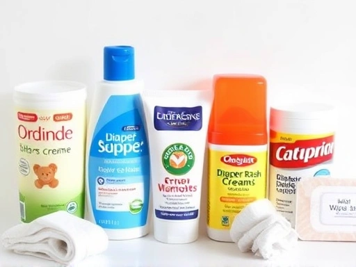 여러 종류의 기저귀 발진 크림 용기들이 나란히 놓여 있고, 그 옆에 아기 피부 관리 용품(부드러운 수건, 순한 물티슈)이 함께 배치되어 기저귀발진 관리의 다양성과 필요성을 보여주는 이미지
