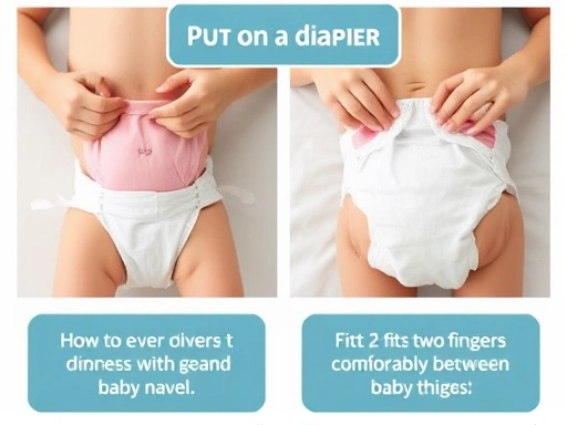 부모가 아기에게 새 기저귀를 올바르게 착용시켜주며, 기저귀가 아기 배꼽을 잘 덮고 허벅지 사이에 손가락 두 개가 여유 있게 들어가는지 확인하는 클로즈업 장면