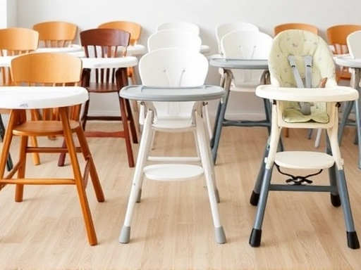 원목, 플라스틱, 휴대용 등 다양한 종류의 하이체어들이 정돈된 공간에 놓여있고, 각 하이체어의 안전벨트와 발판 조절 기능이 클로즈업된 모습