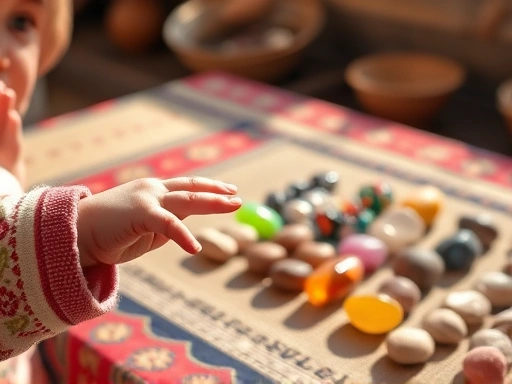 다채로운 색상의 돌잡이 품목들이 전통적인 돌상 위에 가지런히 놓여 있고, 그 위로 아기의 작은 손이 뻗어 있는 순간을 부드러운 햇살 아래 담은 이미지