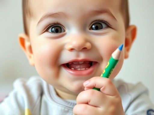 웃고 있는 아기가 돌잡이 품목 중 연필을 잡고 있는 클로즈업 장면