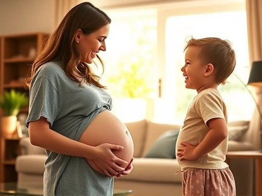 따뜻한 햇살이 비치는 아늑한 집 거실에서, 둘째를 임신한 엄마가 첫째 아이에게 배를 보여주며 다정하게 이야기를 나누는 모습