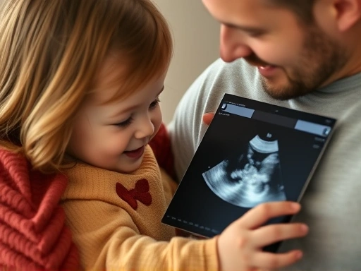 엄마의 품에 안긴 첫째 아이가 아빠와 함께 둘째 아이의 초음파 사진을 보며 웃고 있는 클로즈업 장면