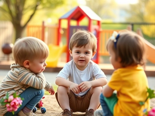 유치원 입학을 앞둔 만 4세 아이가 놀이터에서 또래 친구들과 활기차게 어울리며 사회성을 기르는 모습