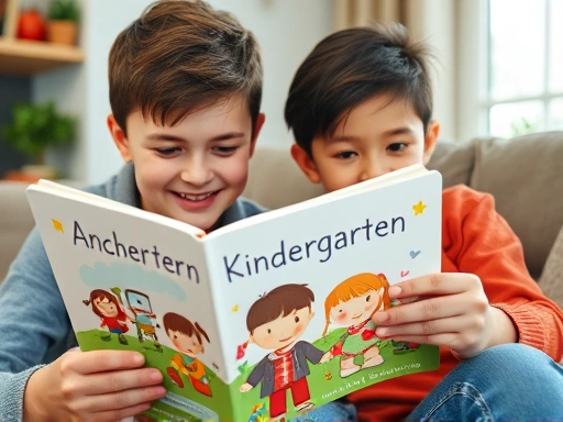 따뜻한 거실에서 만 4세 아이가 엄마 또는 아빠와 함께 유치원 생활에 대한 동화책을 읽으며 유치원 준비 과정을 긍정적으로 배우는 클로즈업 장면