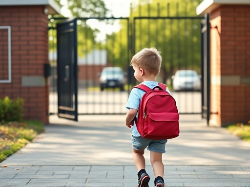 만 5세 아이가 초등학교 준비를 위해 작은 백팩을 메고 환하게 웃으며 학교 정문으로 걸어가는 행복한 모습