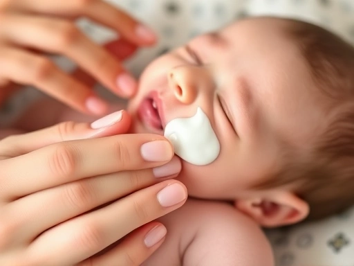 A close-up of a parent gently applying a thin layer of moisturizing lotion to a newborn's delicate skin, illustrating tender care and effective newborn moisturizing for healthy baby skin.
